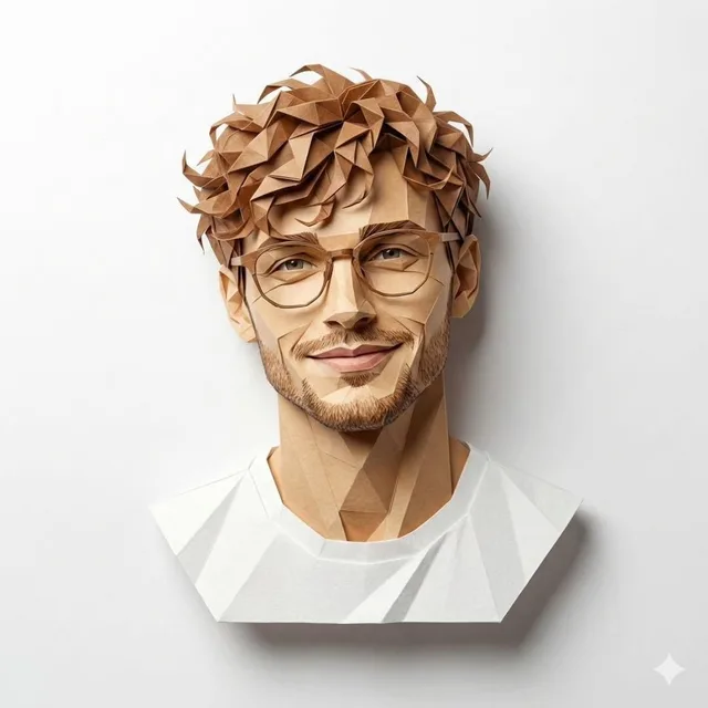 ภาพบุคคลเปเปอร์คราฟต์ 3D หนุ่มผมหยิกสวมแว่น