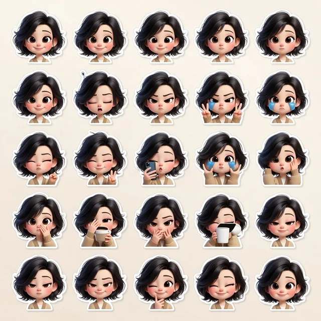 สติกเกอร์สาวน้อยพิกซาร์ 3D หลากหลายอารมณ์