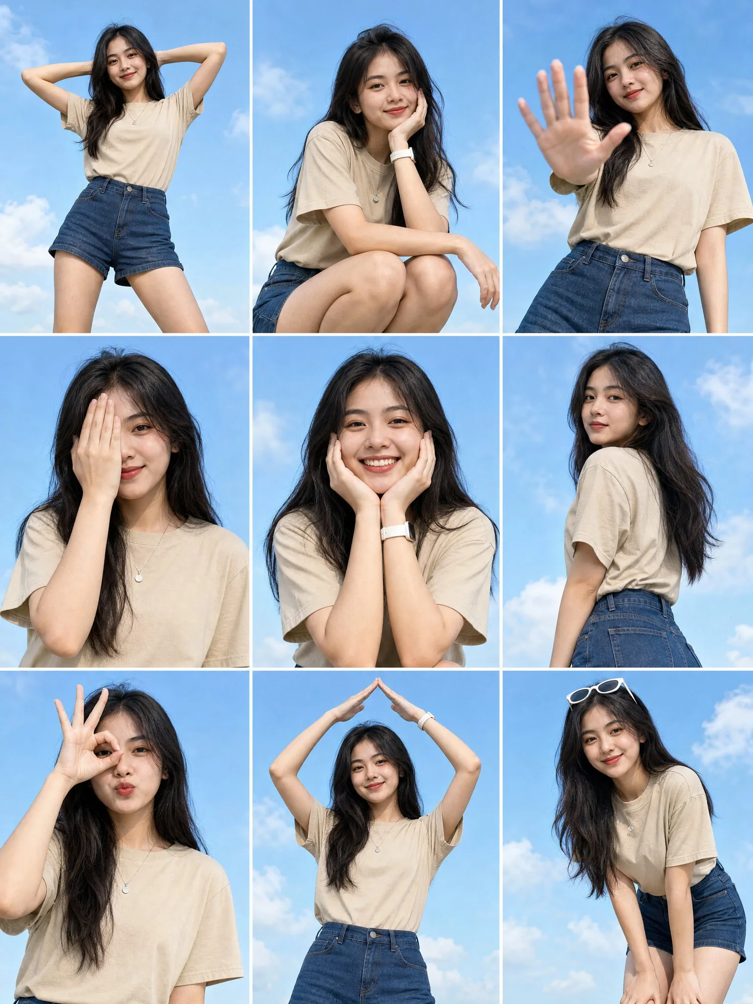 หญิงเอเชียโพสท่า 9 ช่อง บนท้องฟ้าสดใส 1
