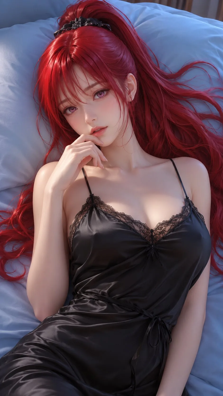 สาวผมแดงชุดนอนซาตินในห้องนอน 3D 1