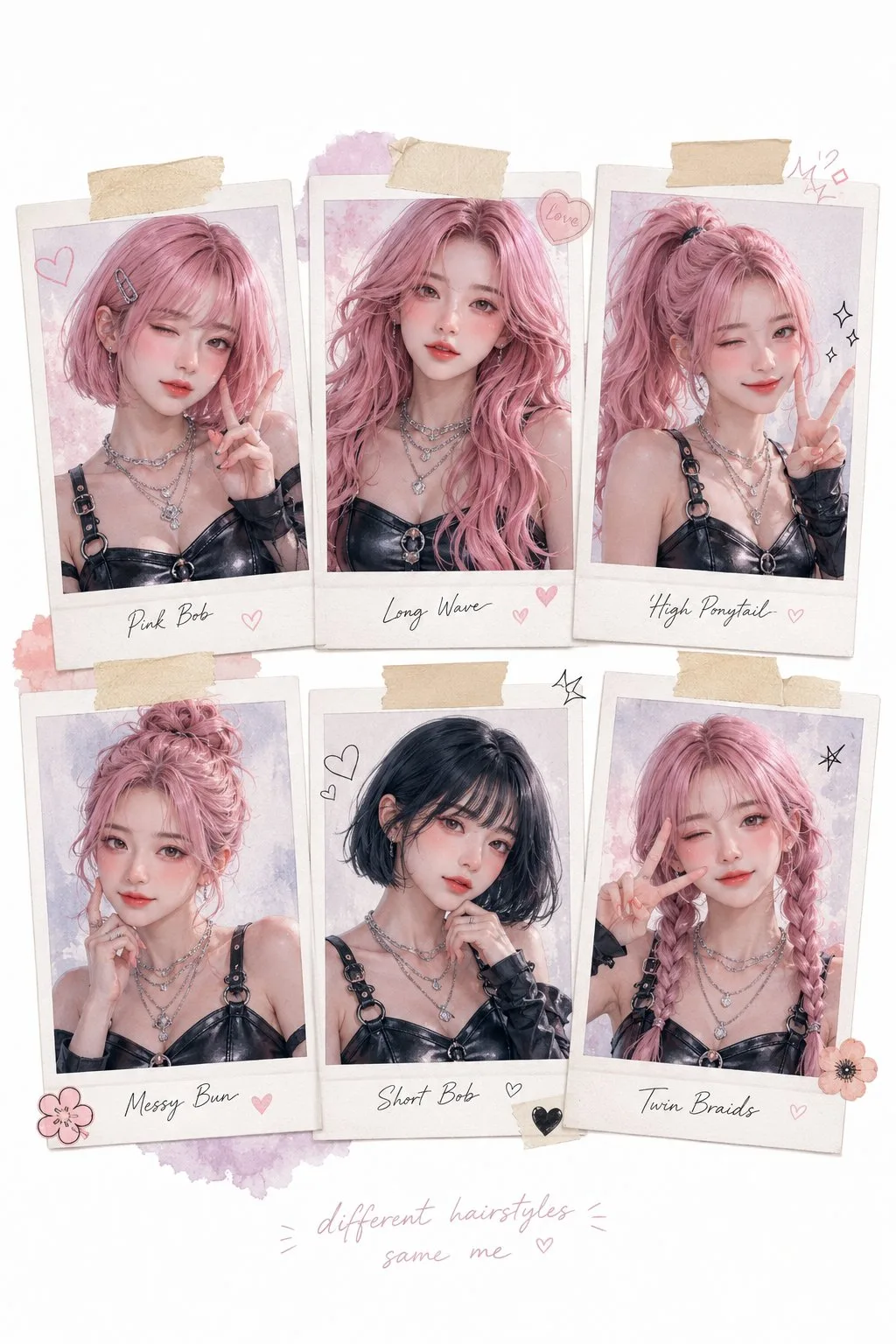 คอลลาจภาพสาวอนิเมะหลากทรงผมสไตล์โพลารอยด์ 1