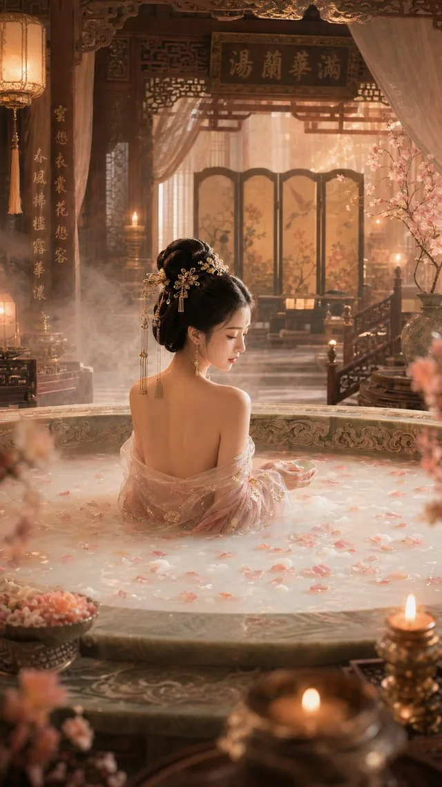 สาวงามจีนอาบน้ำนมสุดหรูในโรงอาบน้ำโบราณ