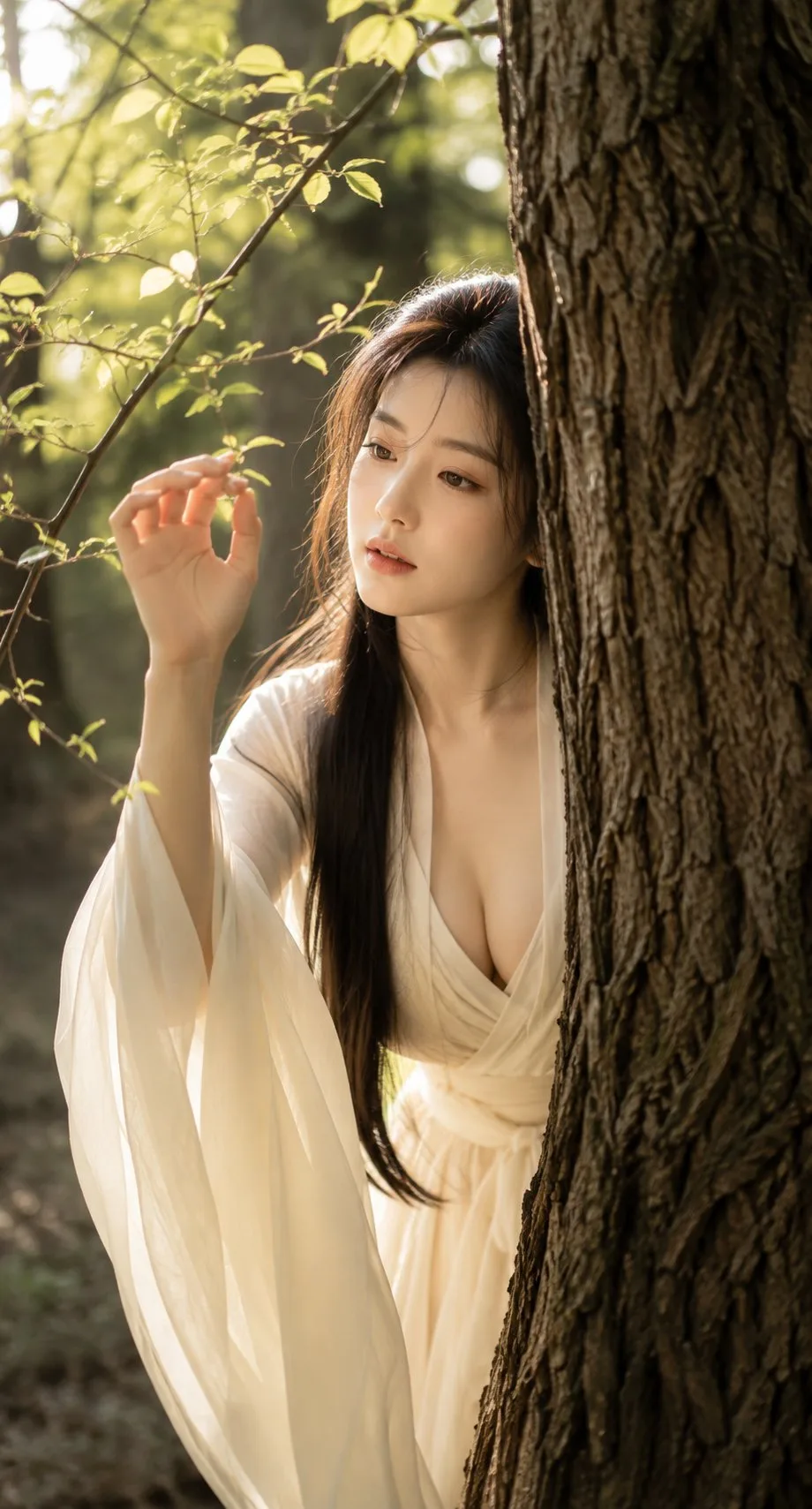 ภาพเหมือนจริงหญิงสาวชุดจีนโบราณ โผล่จากหลังต้นไม้ 1