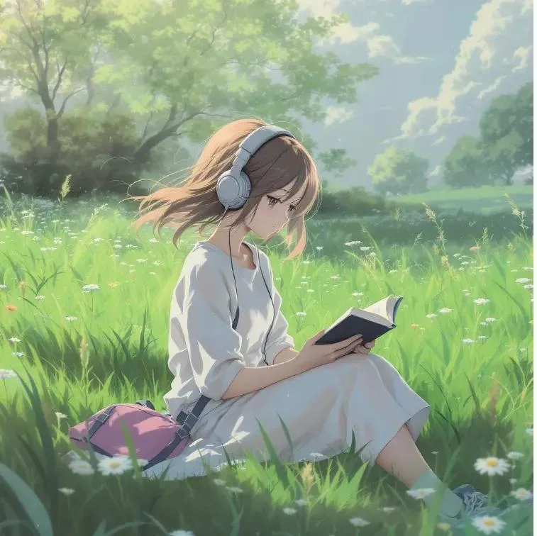 สาวหูฟังอ่านหนังสือกลางทุ่งหญ้า 1