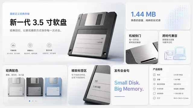 ภาพโปสเตอร์งานเปิดตัวผลิตภัณฑ์สไตล์ Apple: ฟลอปปี้ดิสก์