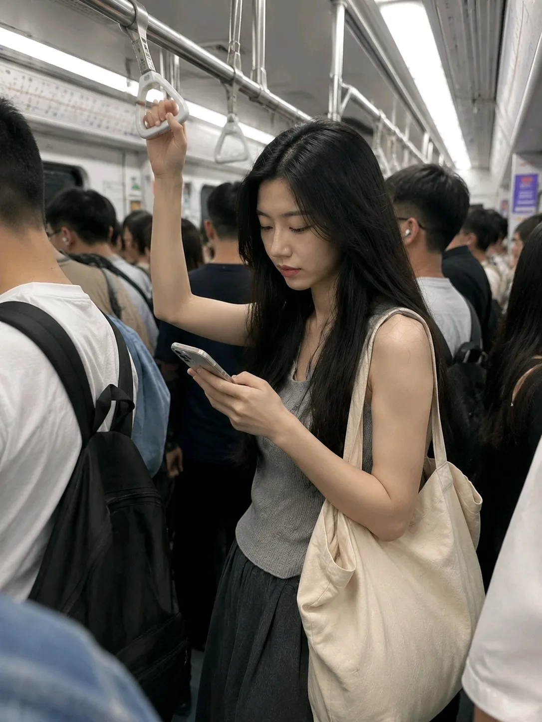 สาวเอเชียบนรถไฟฟ้าช่วงเร่งด่วน: แคนดิดบนมือถือ 1