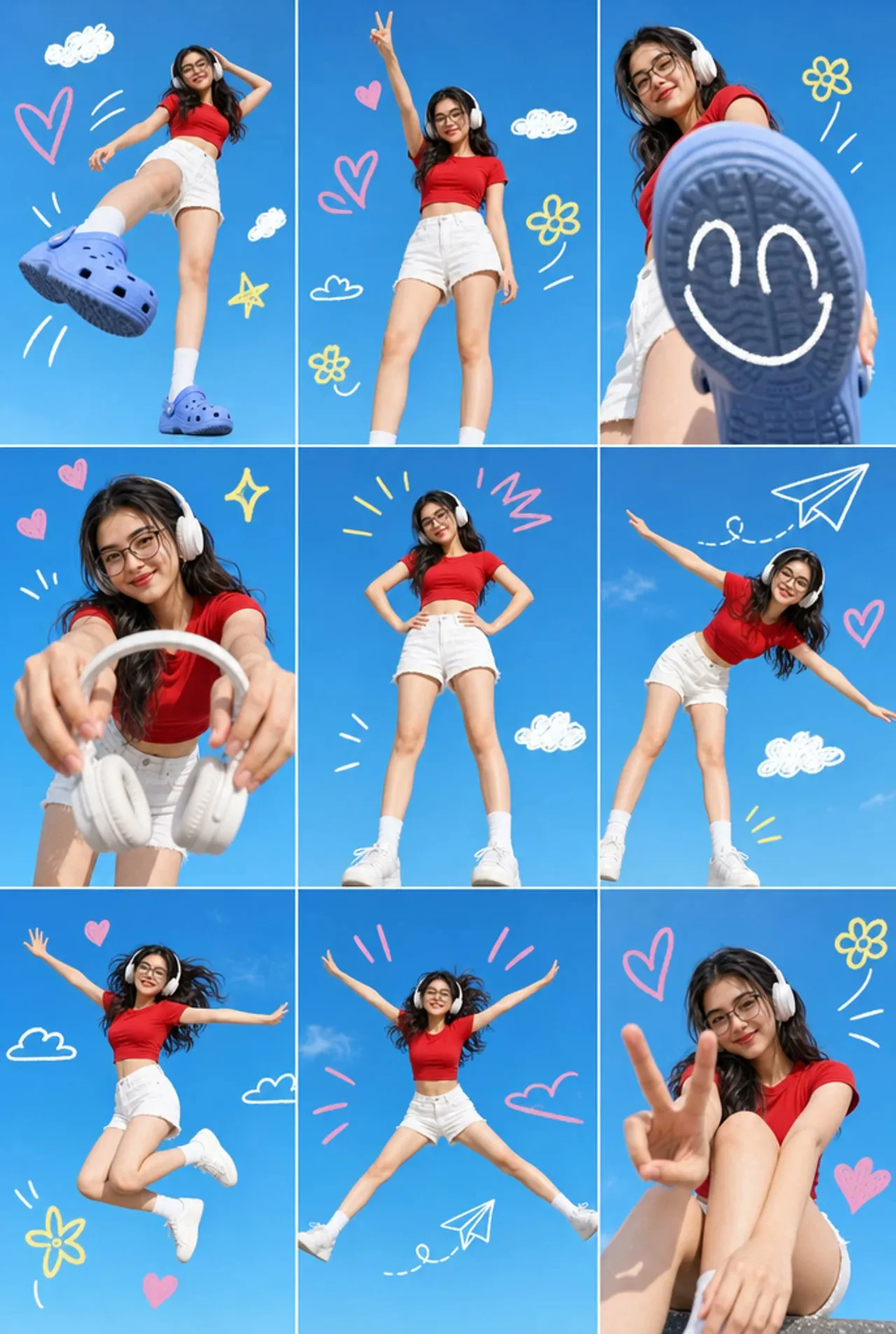 สาวเอเชียกับท้องฟ้าสีคราม: ภาพคอลลาจ 9 ช่อง 1
