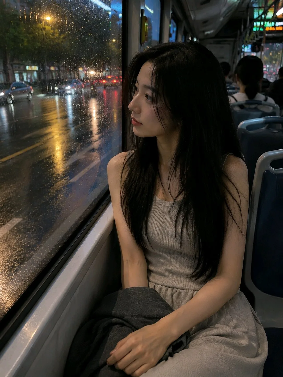 ภาพหญิงสาวเอเชียนั่งรถเมล์หลังฝนตก 1