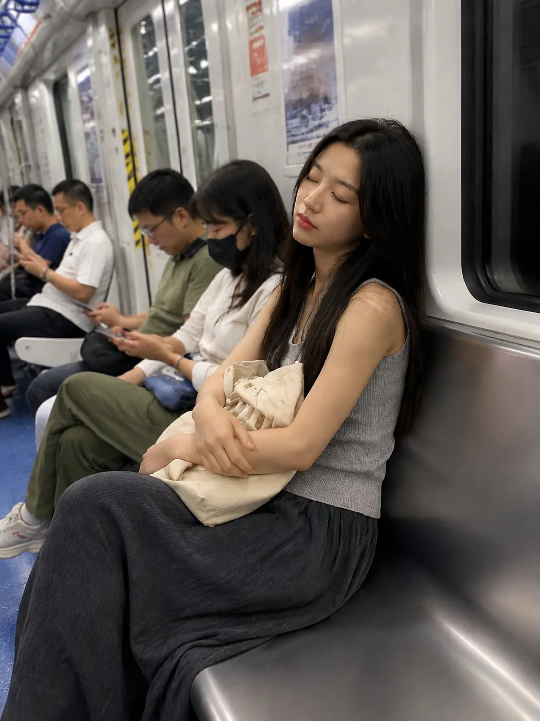 สาวหลับบนรถไฟใต้ดินช่วงชั่วโมงเร่งด่วน 1