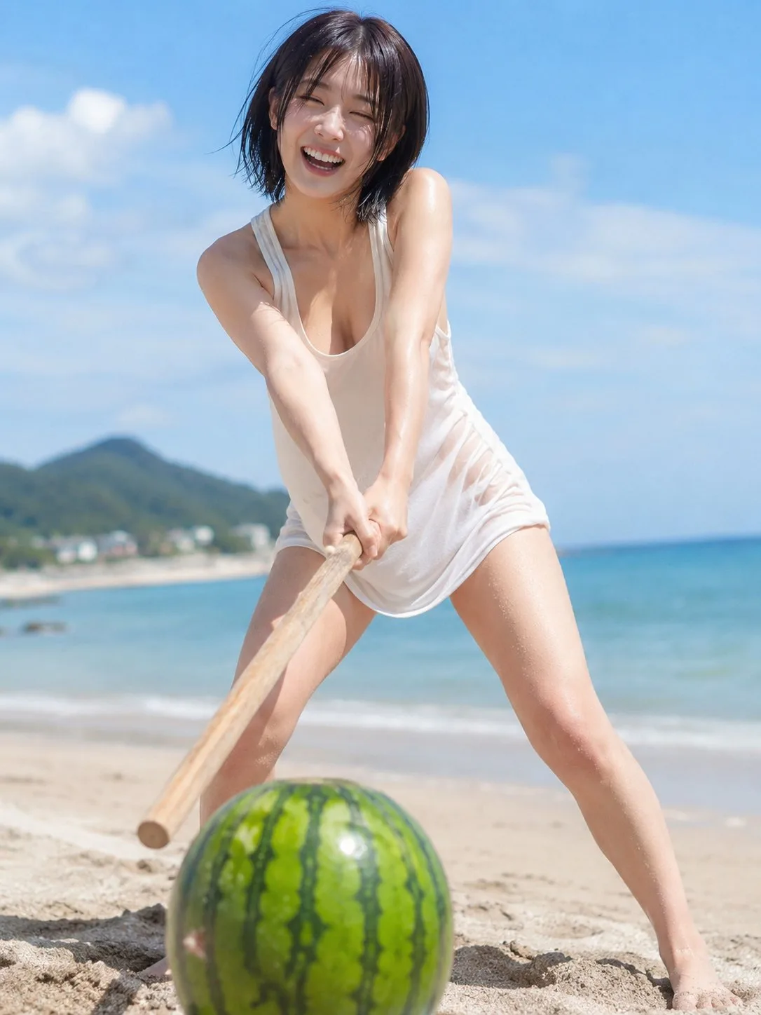 สาวน้อยหัวเราะร่าเริงกับการฟันแตงโมริมหาด 1
