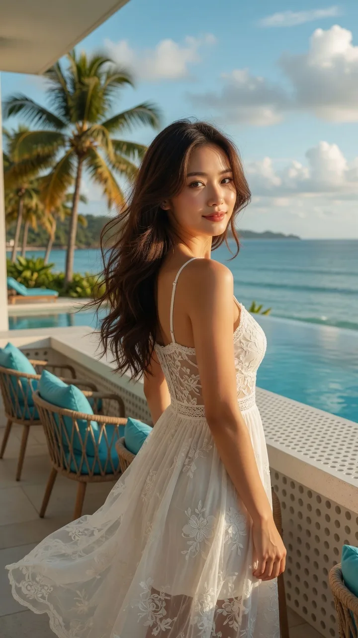 หญิงสาวเอเชียที่รีสอร์ทหรูริมทะเล 1