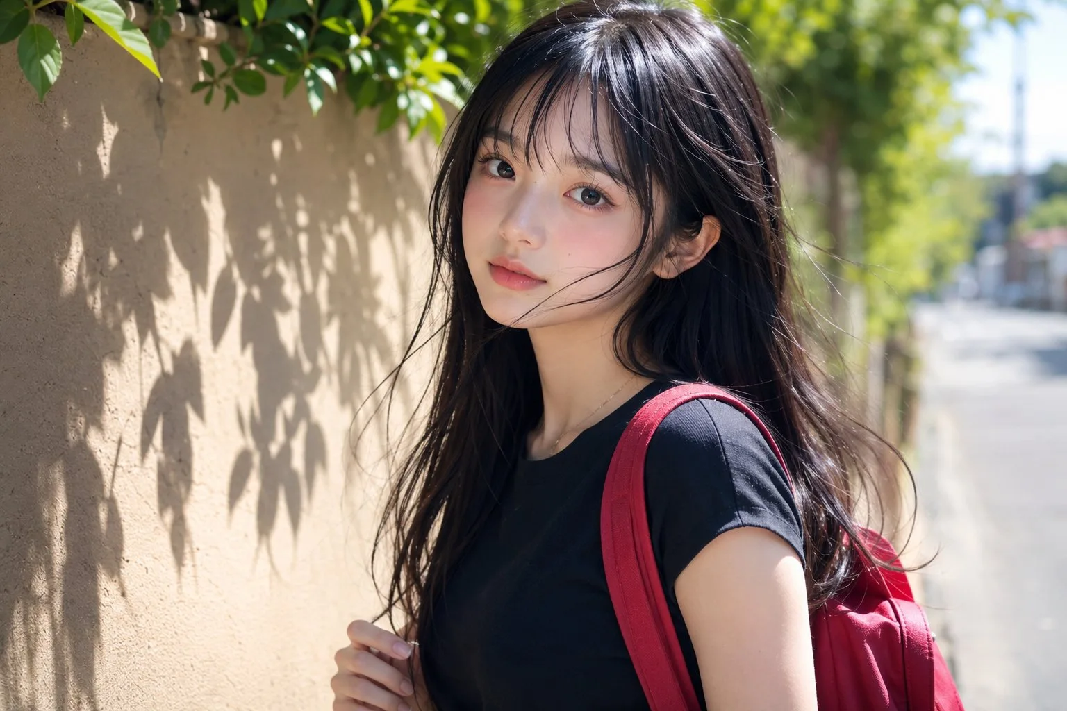 สาวญี่ปุ่นแบกเป้แดงท่ามกลางแสงแดดสดใส 1