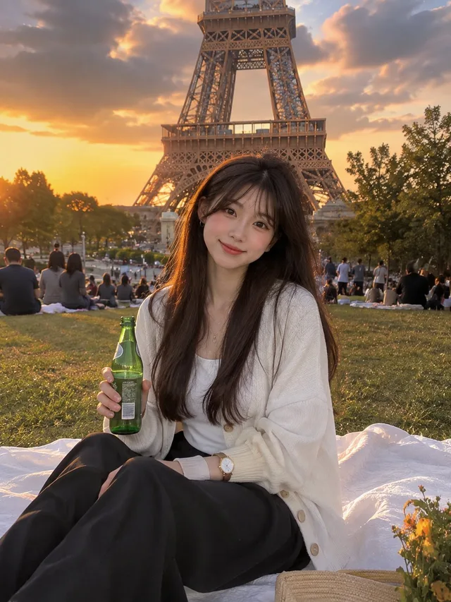 สาวสวยริมหอไอเฟลยามพระอาทิตย์ตกดิน