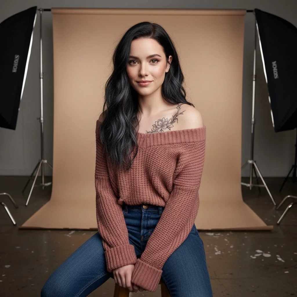 สาวสวยกับรอยสักกุหลาบ สวมเสื้อไหมพรม ชมพูอมเทาในสตูดิโอ 1