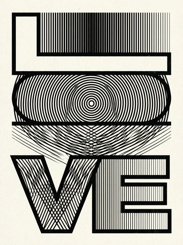ภาพลวงตาตัวอักษร LOVE ลายมัวเร ขาวดำ แนวเรโทร