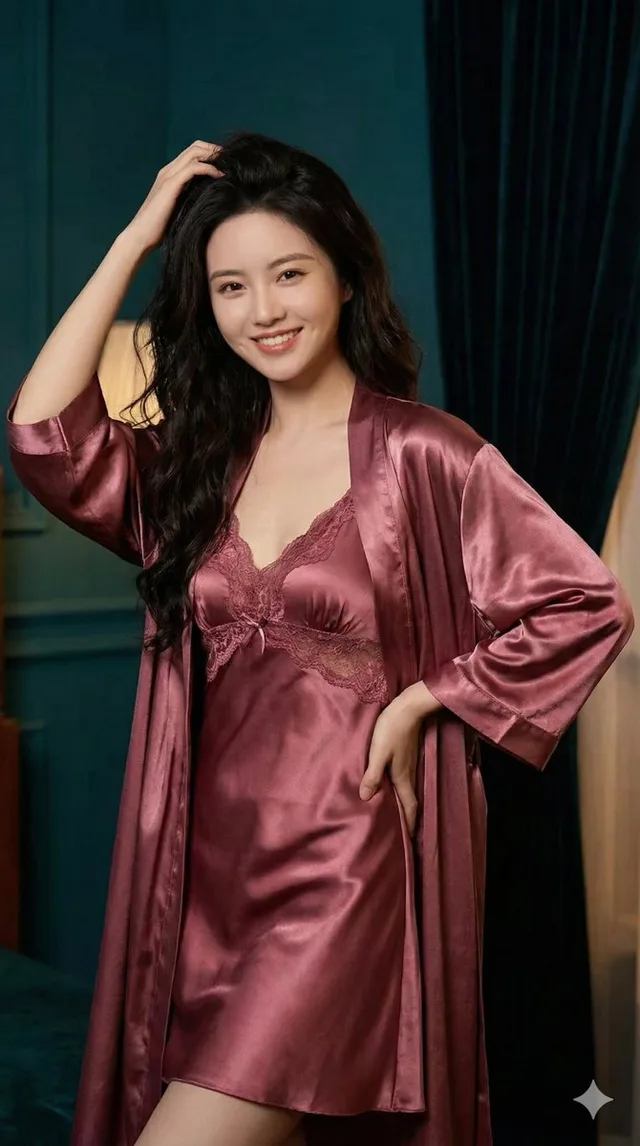 สาวสวยพร่างพราวในชุดนอนผ้าไหมสีบานเย็น
