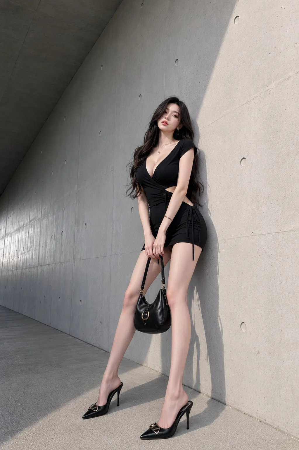 สาวแฟชั่นในชุดเดรสดำกับทางเดินคอนกรีตเรียบง่าย 1