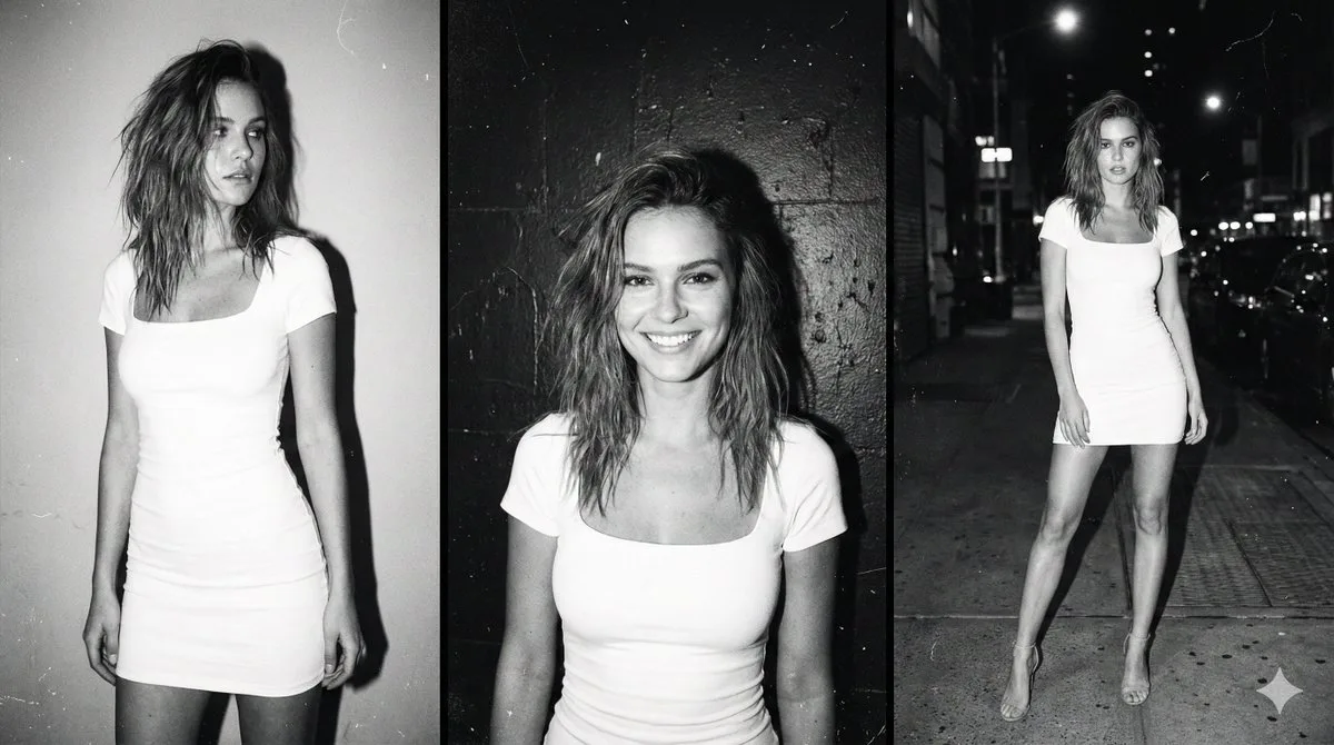 ภาพสามช่องฟิล์มขาวดำ: หญิงสาวในชุดขาว 1