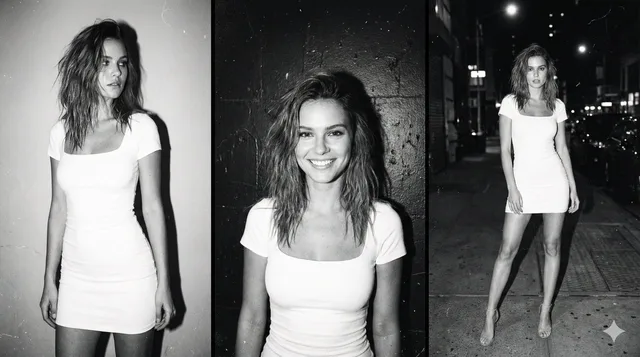 ภาพสามช่องฟิล์มขาวดำ: หญิงสาวในชุดขาว