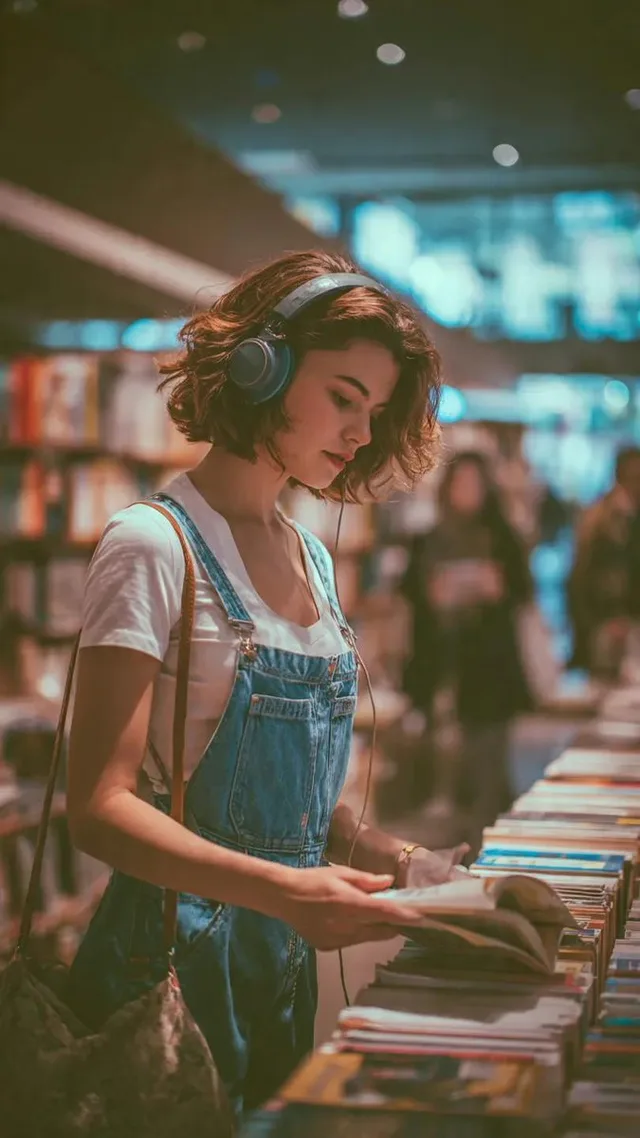 สาวหูฟังในร้านหนังสือยามบ่าย