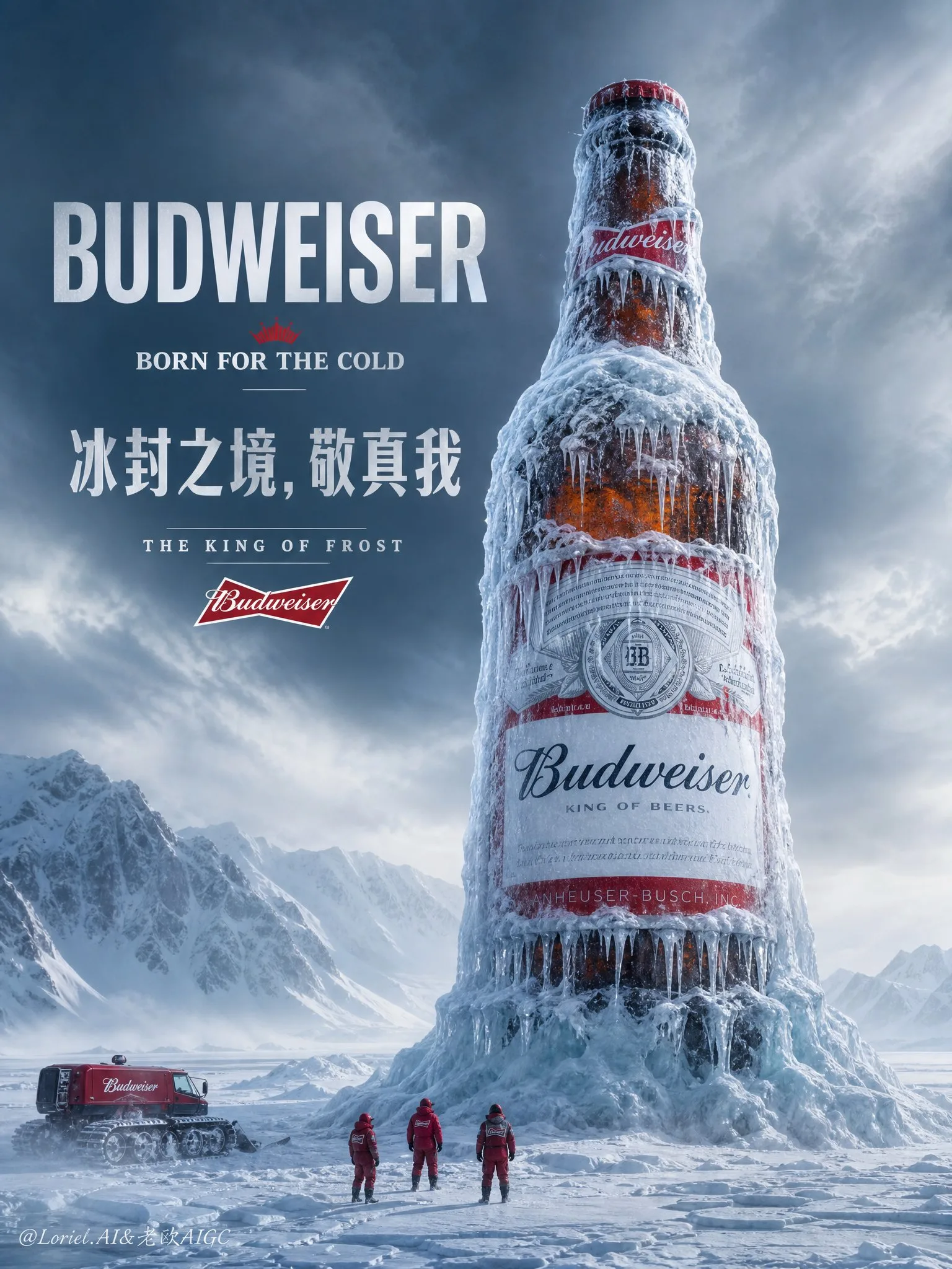 โปสเตอร์เบียร์ Budweiser: ขวดน้ำแข็งยักษ์ในดินแดนเยือกแข็ง 1