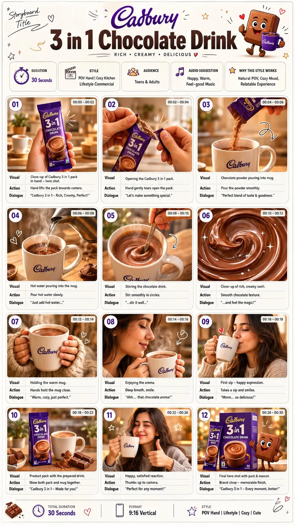 สตอรี่บอร์ดโฆษณา: เครื่องดื่มช็อกโกแลต Cadbury 3 in 1 1