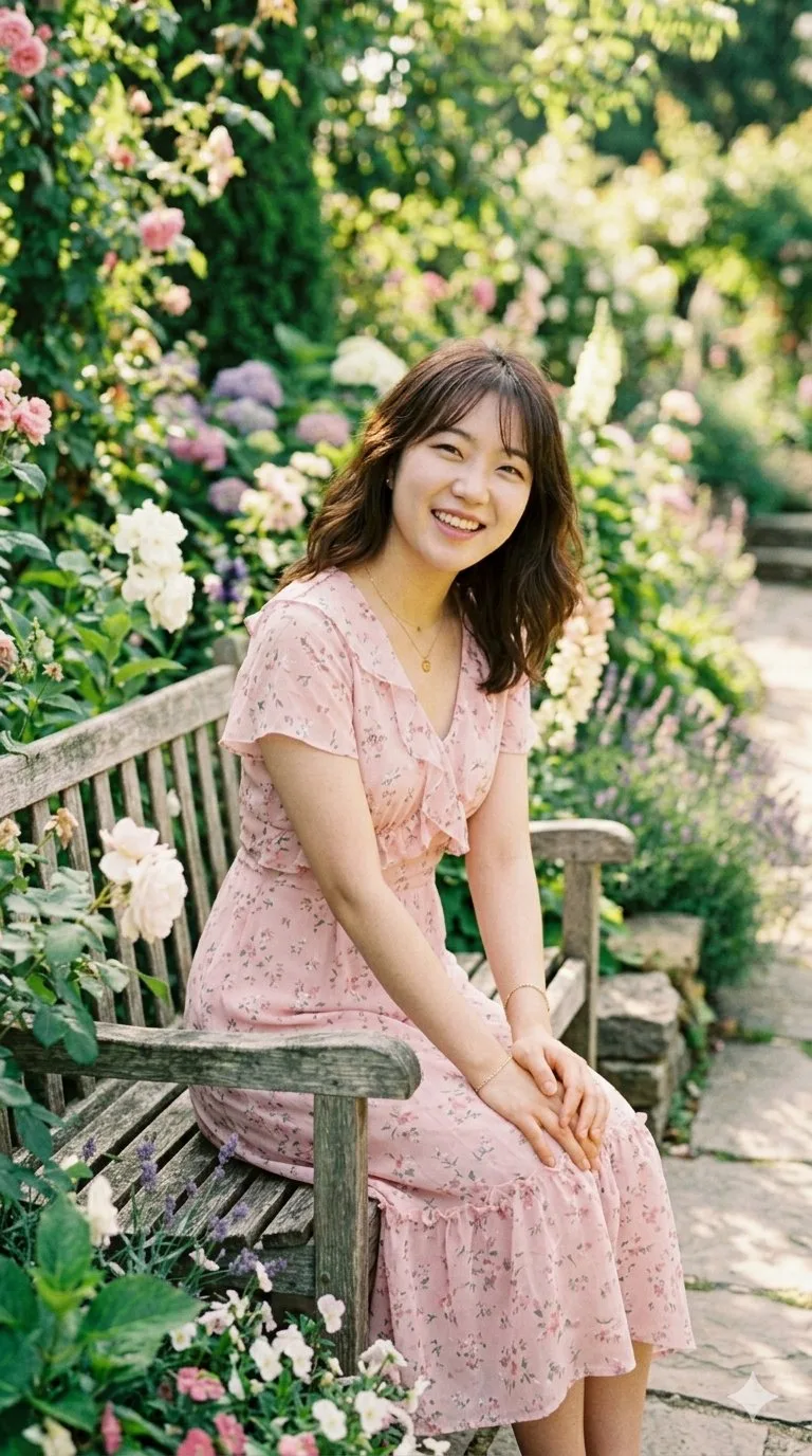 สาวเอเชียในชุดเดรสชมพูสวนอังกฤษ 1