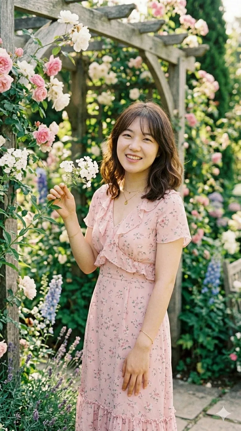 สาวเอเชียในชุดเดรสชมพูสวนอังกฤษ 2