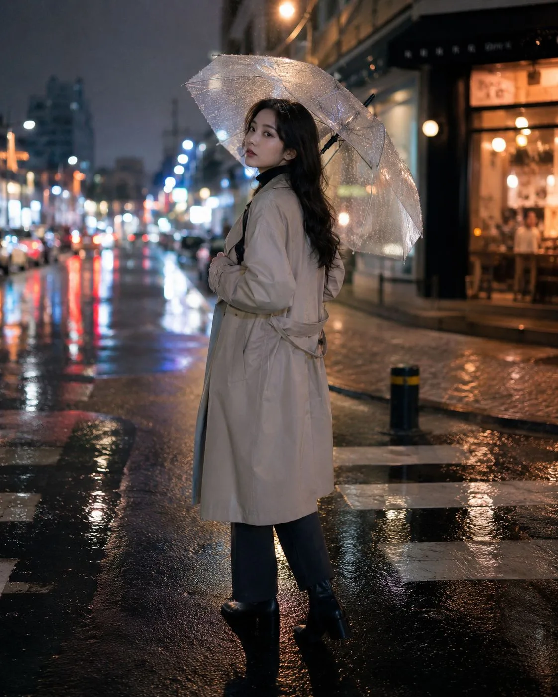 สาวจีนในคืนฝนตก: หันหลังมองในเสื้อโค้ทสีเบจ 1