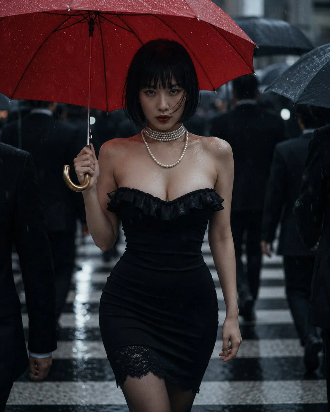 หญิงเอเชียกับร่มแดงท่ามกลางสายฝนสไตล์ภาพยนตร์ 1