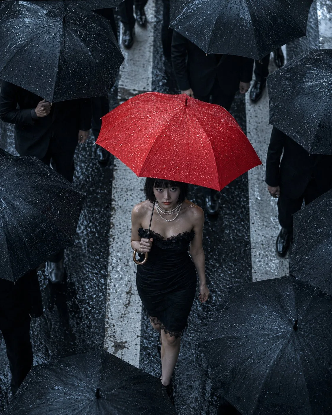 หญิงเอเชียกับร่มแดงท่ามกลางสายฝนสไตล์ภาพยนตร์ 2