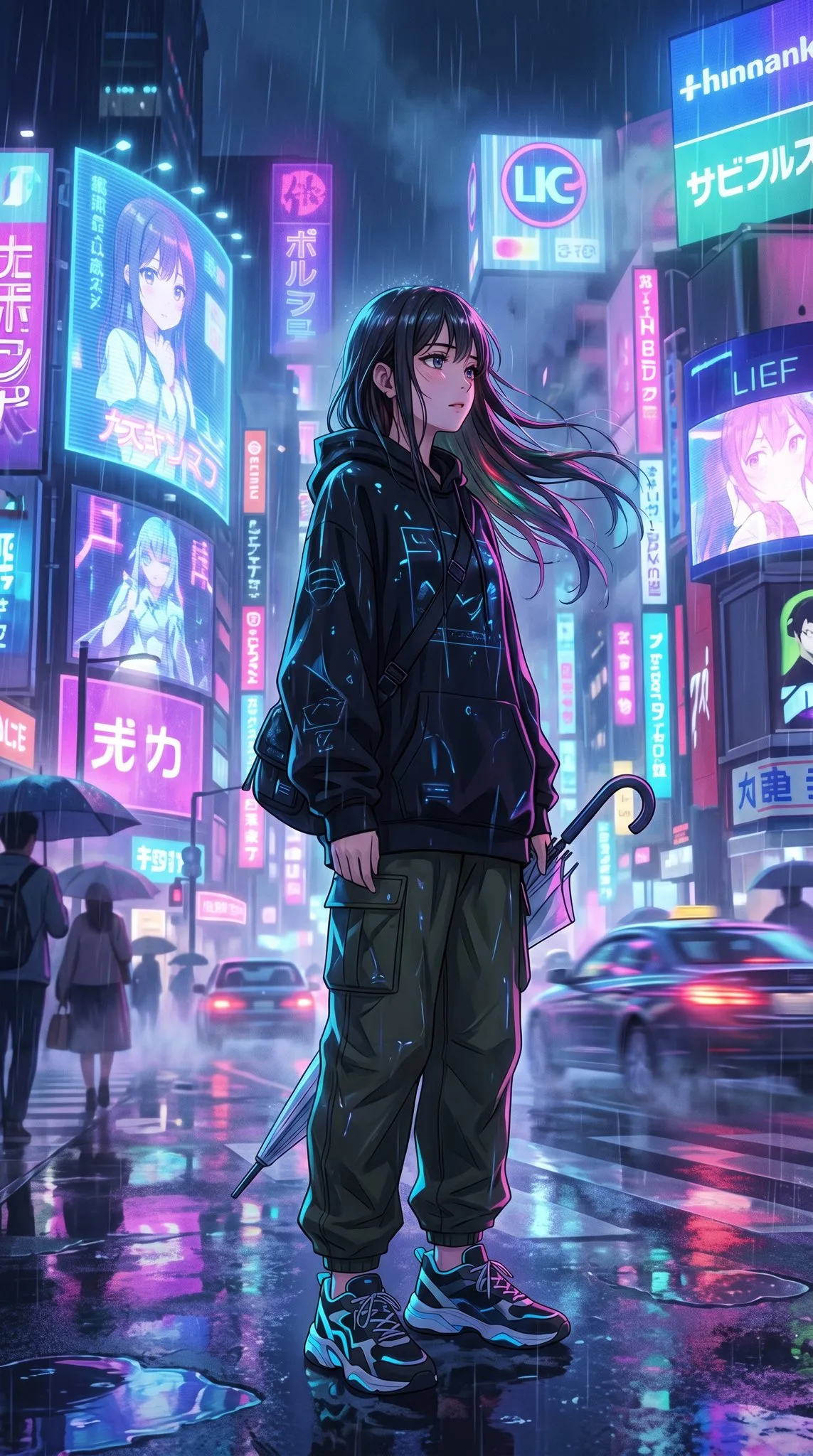 สาวไซเบอร์พังก์ท่ามกลางฝนพร่าง neon ยามค่ำคืน 1