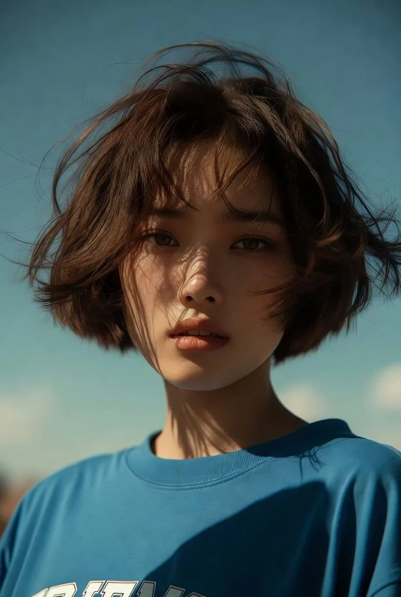 สาวเอเชียสวมฮู้ดสีน้ำเงิน ผมสั้น ในช่วง Golden Hour 1