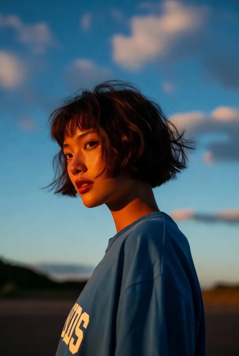 สาวเอเชียสวมฮู้ดสีน้ำเงิน ผมสั้น ในช่วง Golden Hour 2
