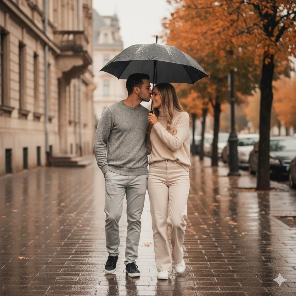 คู่รักในวันฝนตก ฤดูใบไม้ร่วง สไตล์ภาพยนตร์ 1