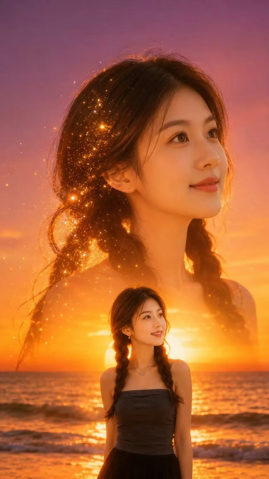 ภาพบุคคลซ้อนทับชายหาดงามแบบภาพยนตร์ 1