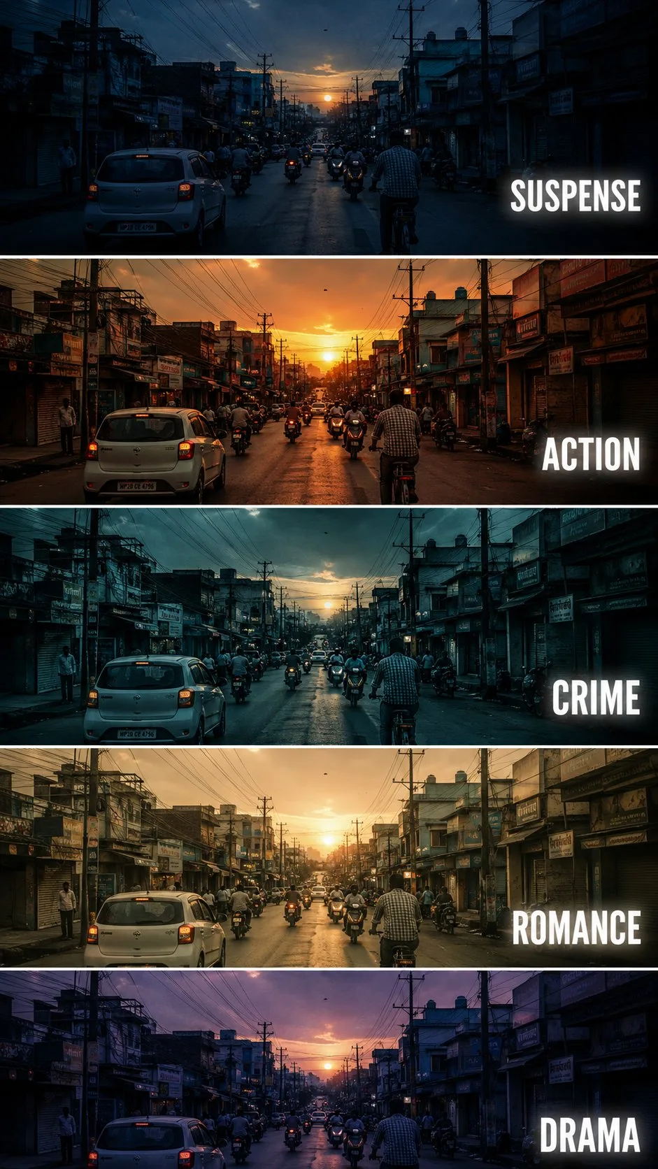 โปสเตอร์เปรียบเทียบโทนสีภาพยนตร์: 5 สไตล์ในถนนเมือง 1
