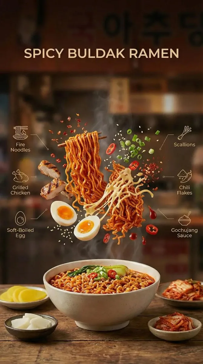 บะหมี่เผ็ดบุลแดก: สโลว์โมชันลอยกลางอากาศ สไตล์ภาพยนตร์ 1