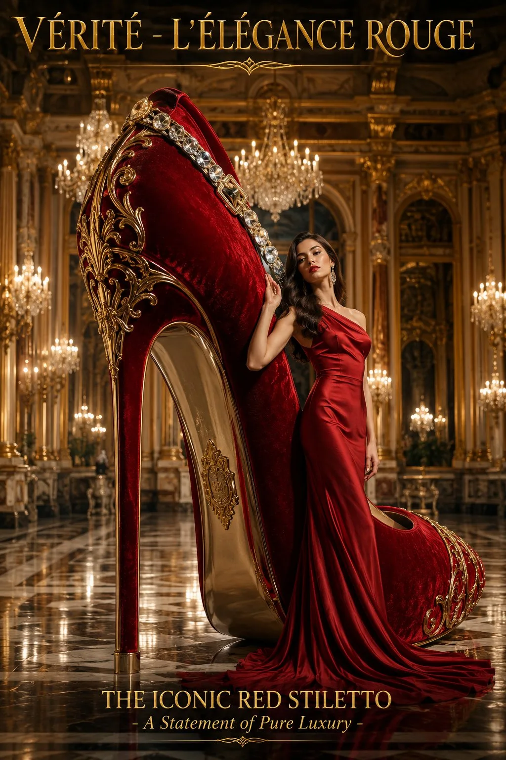 โปสเตอร์แฟชั่นรองเท้าส้นสูงกำมะหยี่สีแดงหรูหราอลังการ 1