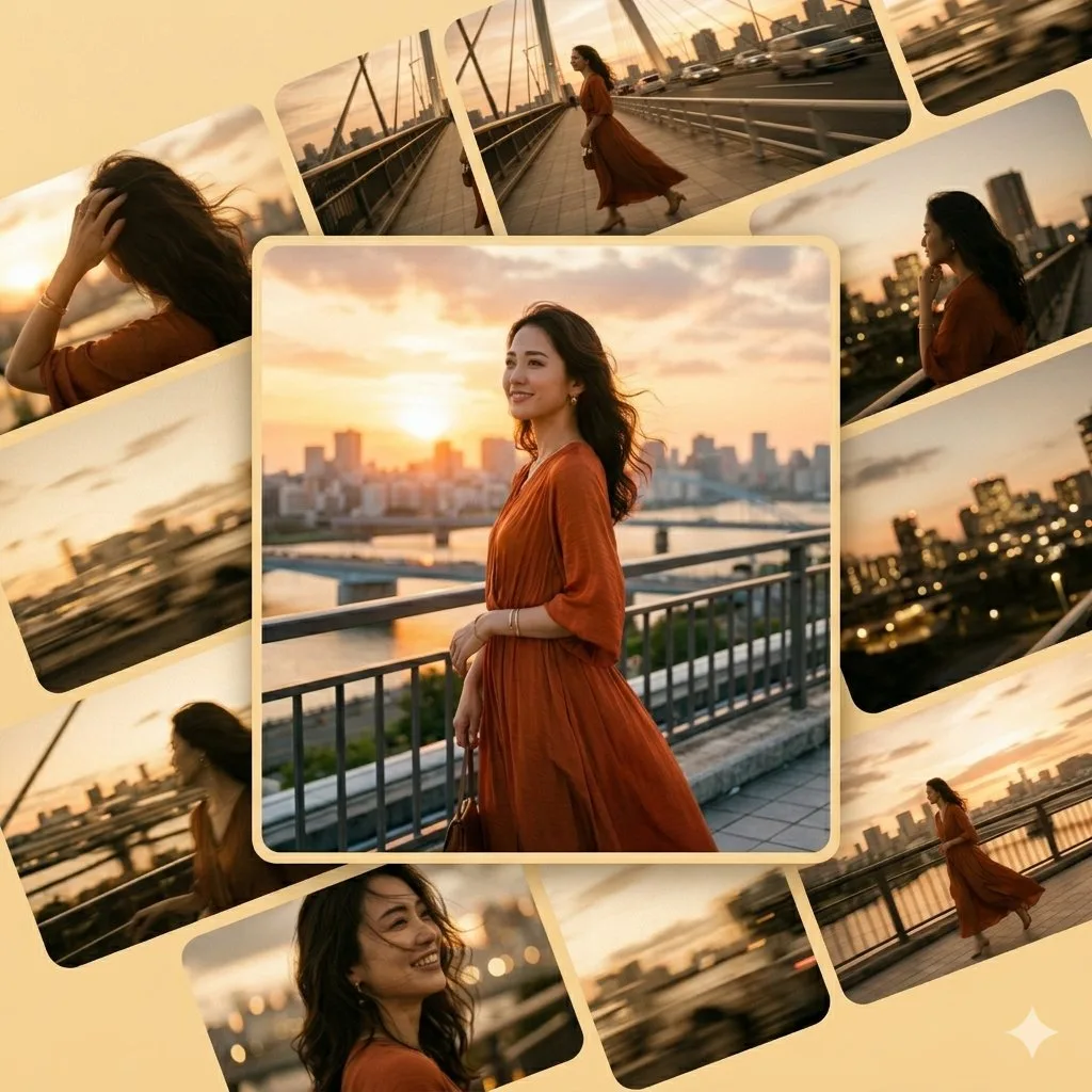 คอลลาจภาพยนตร์หญิงสาวญี่ปุ่นกับแฟชั่นยามพระอาทิตย์ตก 2
