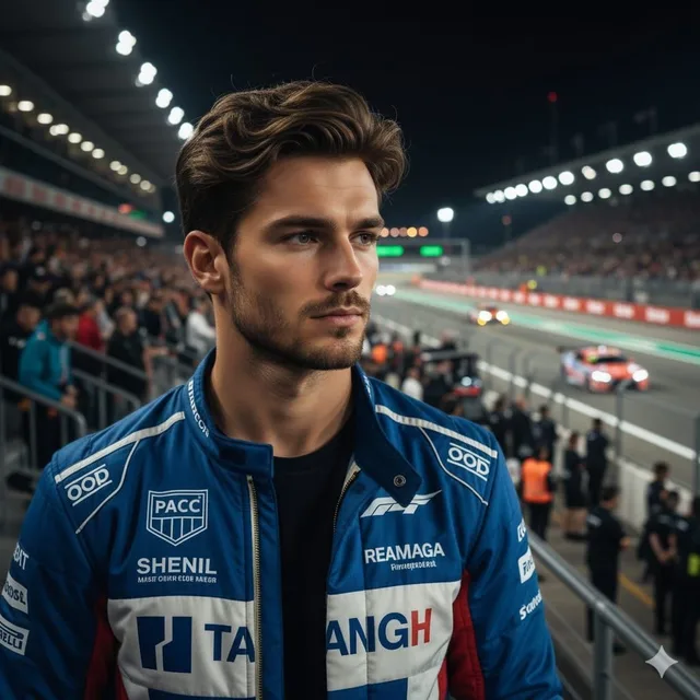 นักแข่งรถหนุ่มหล่อกลางสนามยามค่ำคืน สไตล์ภาพยนตร์