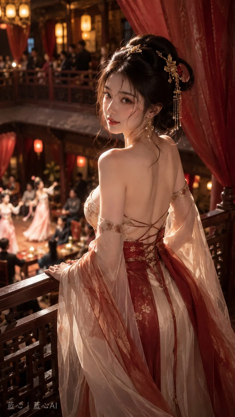 สาวงามชุดแดงหันหลังกลับ สไตล์โบราณ 1