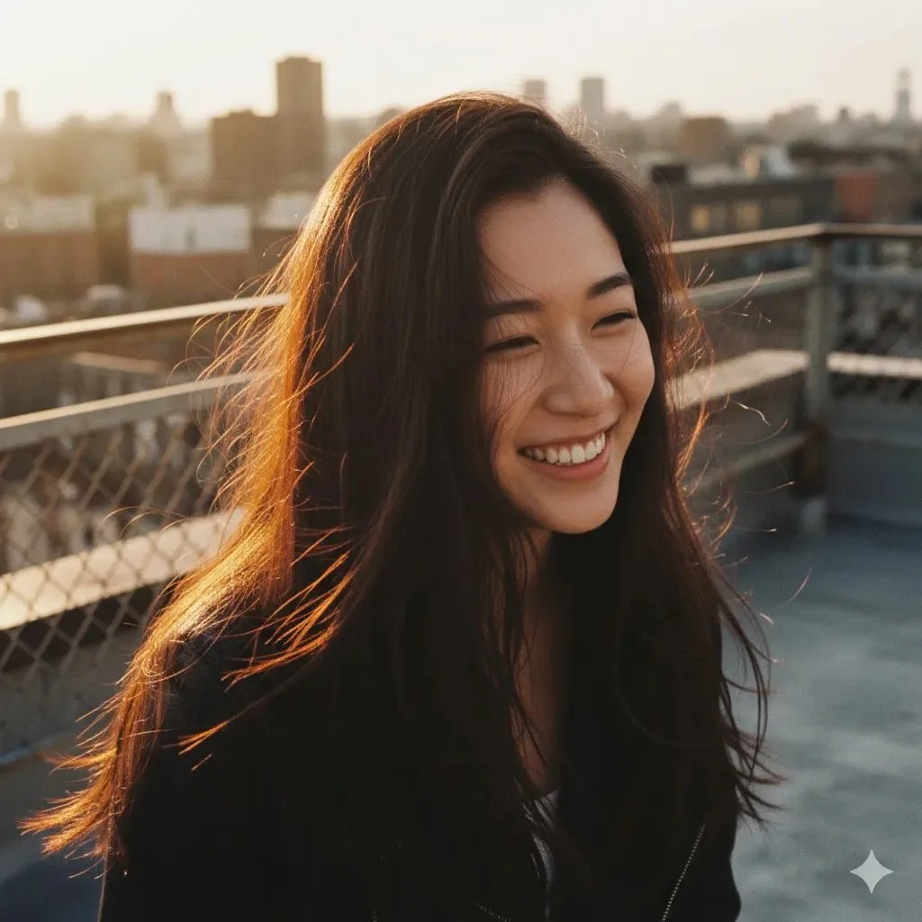 สาวน้อยยิ้มหวานบนดาดฟ้าเมืองยามอาทิตย์อัสดง 1
