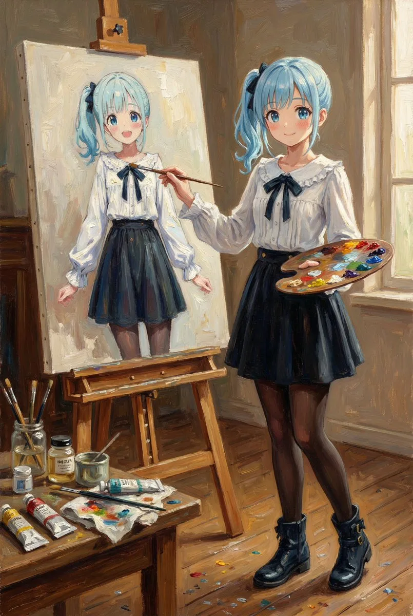 สาวน้อยวาดภาพตัวเองในสตูดิโอสไตล์คลาสสิก 1