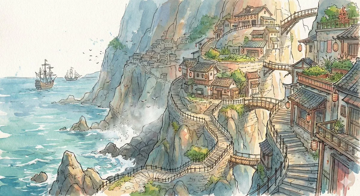 หมู่บ้านเทพนิยายบนหน้าผา: ภาพวาดสีน้ำสุดอลังการ 1