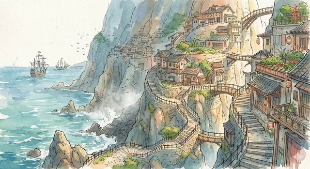 หมู่บ้านเทพนิยายบนหน้าผา: ภาพวาดสีน้ำสุดอลังการ