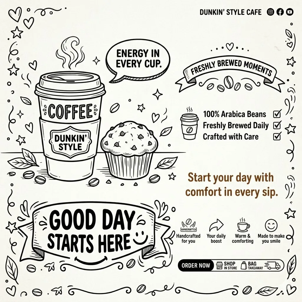 โปสเตอร์โฆษณาร้านกาแฟ สไตล์ดูเดิลขาวดำ 1