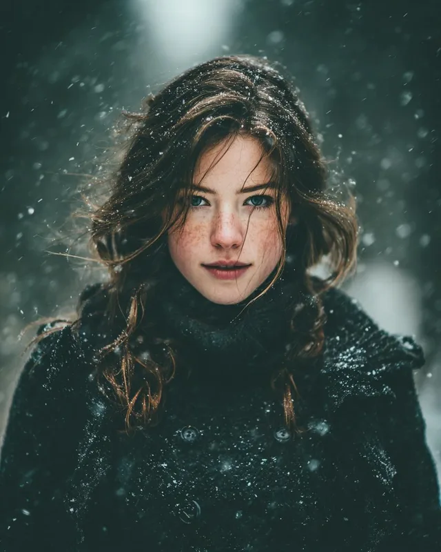 ภาพพอร์เทรตหญิงสาวในป่าหิมะสไตล์ภาพยนตร์