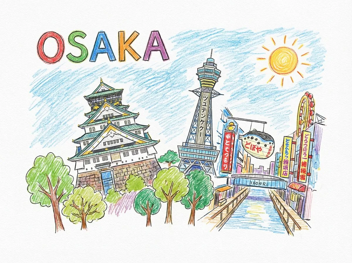 ภาพวาดเมืองสีสันสดใส สไตล์สีเทียนและดินสอสี 1