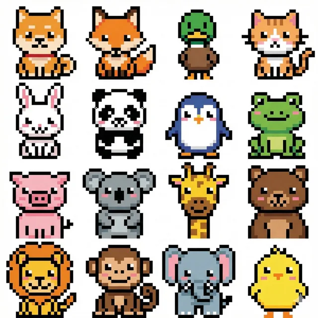 สัตว์น่ารัก Pixel Art จัดเรียง 4x4